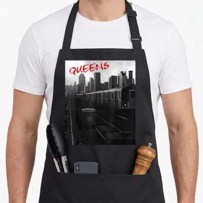 Subway new york aprons - Red QUEENS text over black and white elevated train photo and skyline — shown on a black cotton canvas apron against a white background