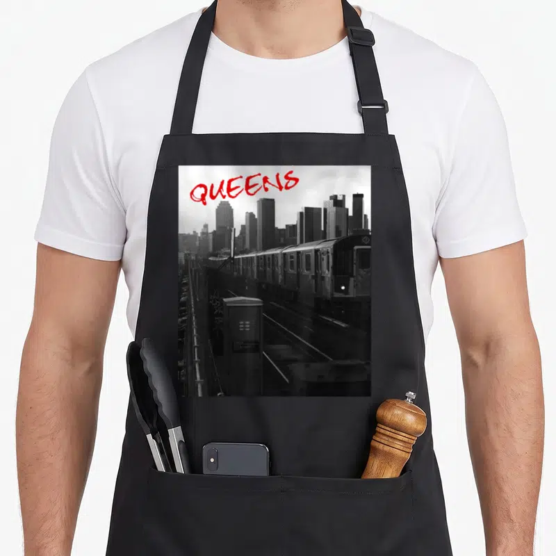 Subway new york aprons - Red QUEENS text over black and white elevated train photo and skyline — shown on a black cotton canvas apron against a white background