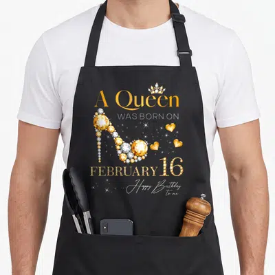 February 16th birthday apron - Gold high heel shoe forming number one with crown and text A Queen Was Born On February — shown on a black cotton canvas apron against a white background