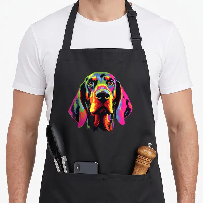 Watercolor dog apron - Multicolored cartoon dog head in blue green yellow red pink purple with two front pockets — shown on a black cotton canvas apron against a white background