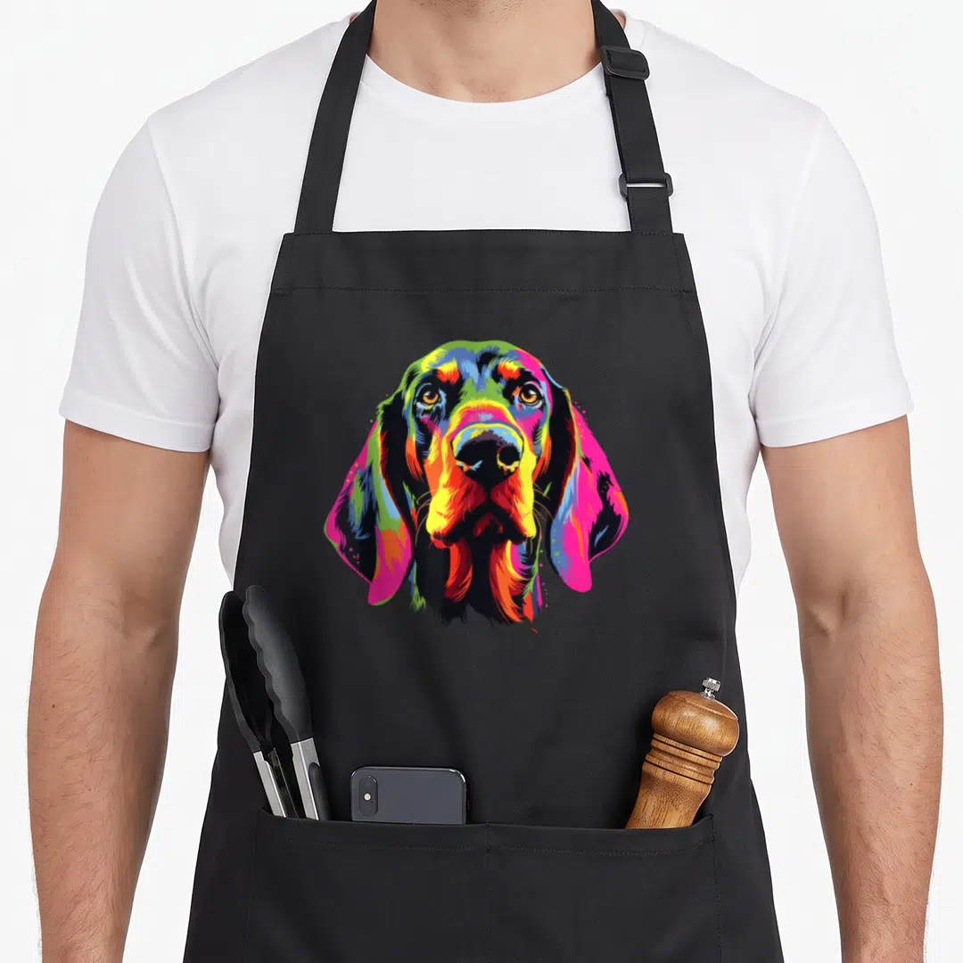 Watercolor dog apron - Multicolored cartoon dog head in blue green yellow red pink purple with two front pockets — shown on a black cotton canvas apron against a white background
