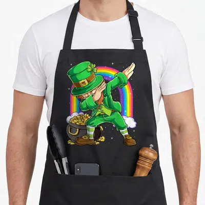 Dab st patrick day aprons - Cartoon leprechaun dabbing over rainbow and pot of gold coins in green and gold — shown on a black cotton canvas apron against a white background