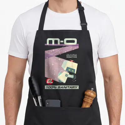 Future e.a apron - M-O robot with The Future of Sanitation Robotics text on purple starry background — shown on a black cotton canvas apron against a white background