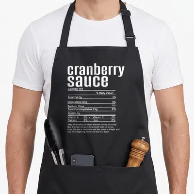 Thanksgiving christmas apron - White nutrition facts label for cranberry sauce with sarcastic holiday wishes printed — shown on a black cotton canvas apron against a white background