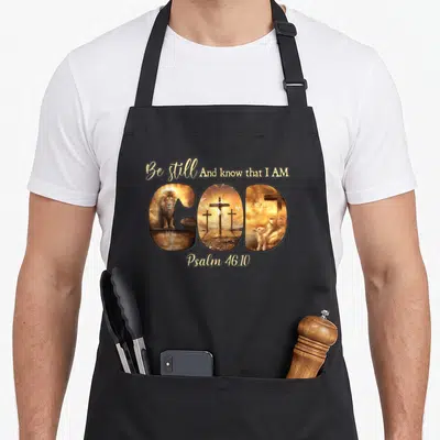 Lion god christian apron - GOD letters filled with lion crosses and lamb images under Be still And know that I AM text — shown on a black cotton canvas apron against a white background