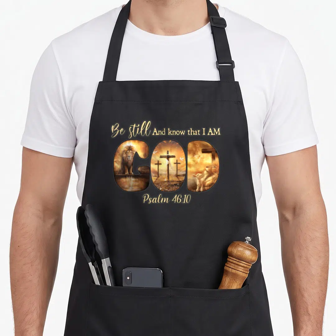Lion god christian apron - GOD letters filled with lion crosses and lamb images under Be still And know that I AM text — shown on a black cotton canvas apron against a white background