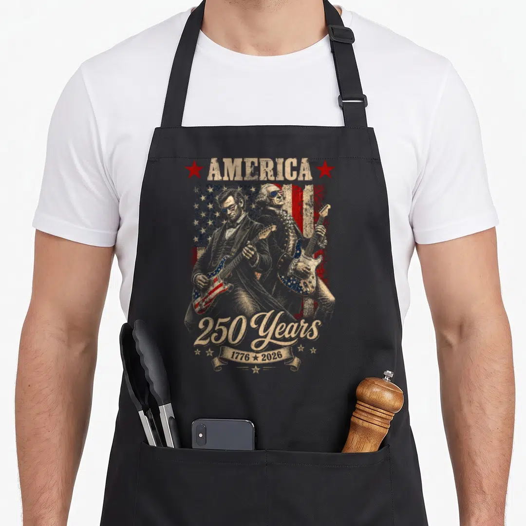 Cute playing guitar apron - Distressed skeleton musicians playing guitars with AMERICA 250 Years 1776 2026 text on flag — shown on a black cotton canvas apron against a white background