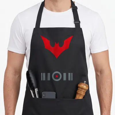 Beyond uniform apron - Red bat silhouette above grey concentric circles and vertical bars — shown on a black cotton canvas apron against a white background