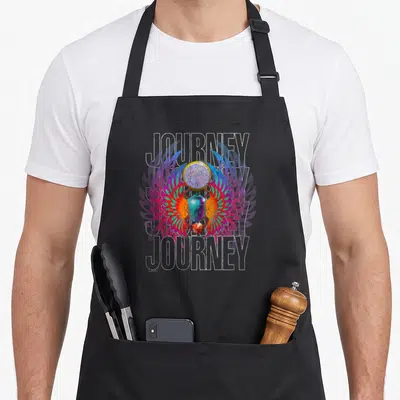 Wing infinity apron - Winged scarab beetle holding spheres over five stacked journey words in blue red purple orange — shown on a black cotton canvas apron against a white background