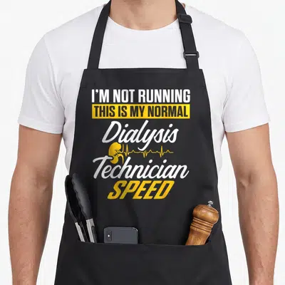 Dialysis running quotes apron - I'M NOT RUNNING text with yellow kidney and white heartbeat line between Dialysis — shown on a black cotton canvas apron against a white background