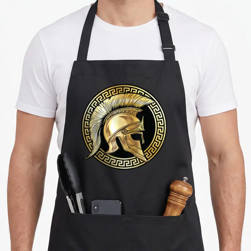 Gladiator greek aprons - Gold Spartan helmet profile inside black circle with gold Greek key border pattern — shown on a black cotton canvas apron against a white background