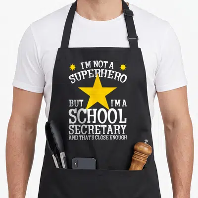 School secretary superhero apron - White text reading school secretary next to a large yellow star — shown on a black cotton canvas apron against a white background