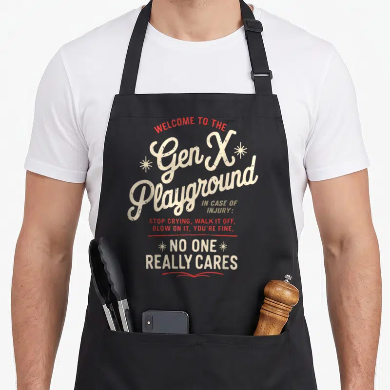 Welcome x apron - Retro beige and red typography reading Gen X Playground with sarcastic injury instructions — shown on a black cotton canvas apron against a white background