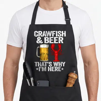 Crawfish daddy apron - Red crawfish and yellow beer mug with white text reading Crawfish & Beer That's Why I'm Here — shown on a black cotton canvas apron against a white background