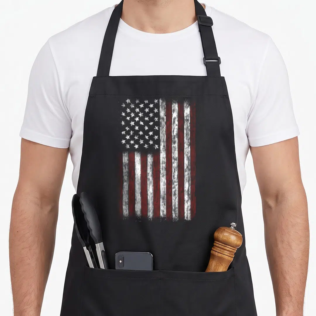 Vintage american flag apron - Distressed red and white USA flag print on black bib apron — shown on a black cotton canvas apron against a white background