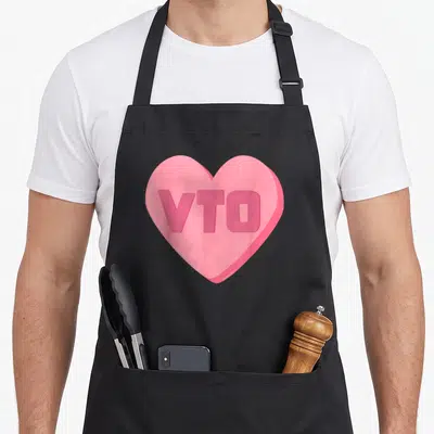 Vto valentine's day apron - Pink 3D heart with VTO text centered inside — shown on a black cotton canvas apron against a white background