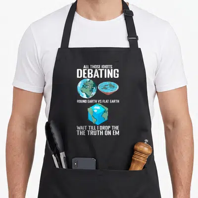 Cube science apron - Blue green cube earth graphic with white debating text on black bib — shown on a black cotton canvas apron against a white background