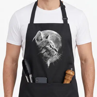 Funny moon cat apron - Realistic grey and white cat head profile in front of a textured full moon illustration — shown on a black cotton canvas apron against a white background