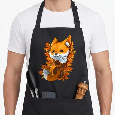 Forest fox aprons - Cartoon fox snuggling in orange and yellow autumn leaves with white and brown accents — shown on a black cotton canvas apron against a white background