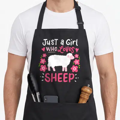 Cute sheep apron - Cartoon white sheep surrounded by pink flowers and text Just a Girl Who Loves SHEEP — shown on a black cotton canvas apron against a white background
