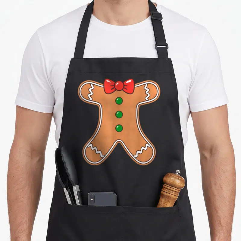 Cookie costume gingerbread apron - Cartoon gingerbread man with red bow tie and three green buttons on brown body — shown on a black cotton canvas apron against a white background