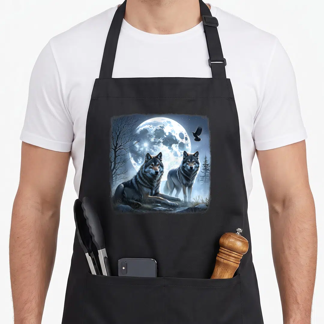 Moon native american apron - Two wolves sitting under a large full moon with bare trees and a bird in blue grey white — shown on a black cotton canvas apron against a white background