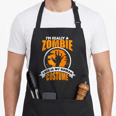 Zombie human costume apron - Orange circle with grey zombie hand and text I'M REALLY A ZOMBIE THIS IS MY HUMAN COSTUME — shown on a black cotton canvas apron against a white background