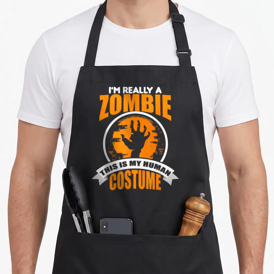 Zombie human costume apron - Orange circle with grey zombie hand and text I'M REALLY A ZOMBIE THIS IS MY HUMAN COSTUME — shown on a black cotton canvas apron against a white background
