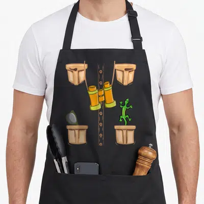 Animal halloween apron - Cartoon tan vest with orange binoculars, green lizard, and magnifying glass in pockets — shown on a black cotton canvas apron against a white background