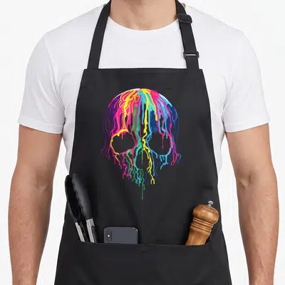 Melting colorful apron - Skull shape formed by dripping pink, yellow, blue, purple, and green paint in cartoon style — shown on a black cotton canvas apron against a white background
