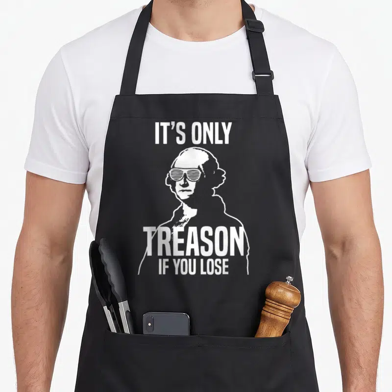 Treason nerd apron - White distressed man portrait with shutter shades and treason text — shown on a black cotton canvas apron against a white background