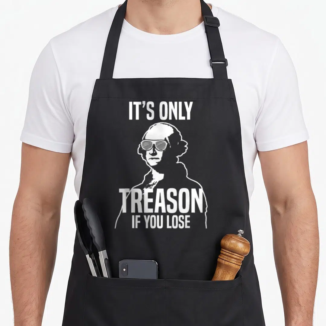 Treason nerd apron - White distressed man portrait with shutter shades and treason text — shown on a black cotton canvas apron against a white background