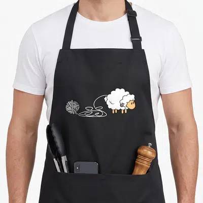 Sheep knitting apron - Cartoon sheep with white wool and peach face pulling yarn to a ball — shown on a black cotton canvas apron against a white background