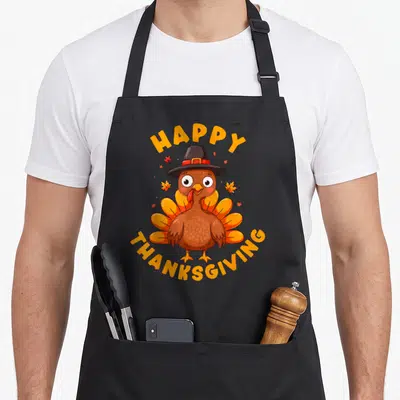 Family dinner thanksgiving day aprons - Cartoon turkey in pilgrim hat with arched HAPPY THANKSGIVING text and orange — shown on a black cotton canvas apron against a white background