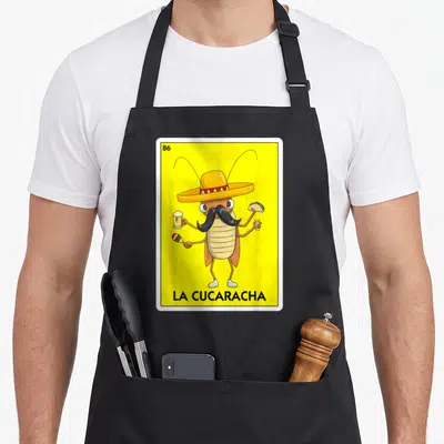Cucaracha mexican apron - Cartoon cockroach with sombrero holding beer taco and maracas on yellow background with text — shown on a black cotton canvas apron against a white background