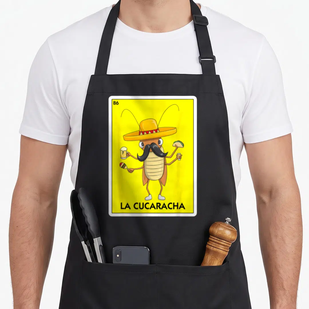 Cucaracha mexican apron - Cartoon cockroach with sombrero holding beer taco and maracas on yellow background with text — shown on a black cotton canvas apron against a white background