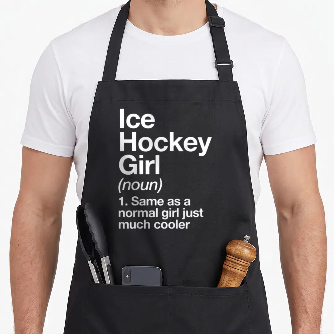 Ice sassy apron - White stacked text reading Ice Hockey Girl noun definition same as normal girl much cooler — shown on a black cotton canvas apron against a white background