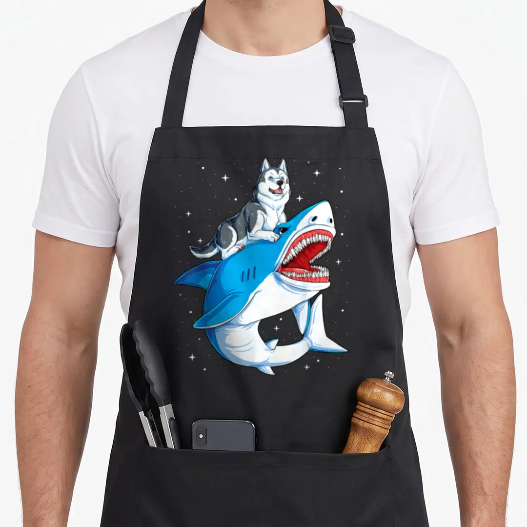 Shark husky apron - Cartoon husky riding a blue shark with white stars in a C-shape curve — shown on a black cotton canvas apron against a white background
