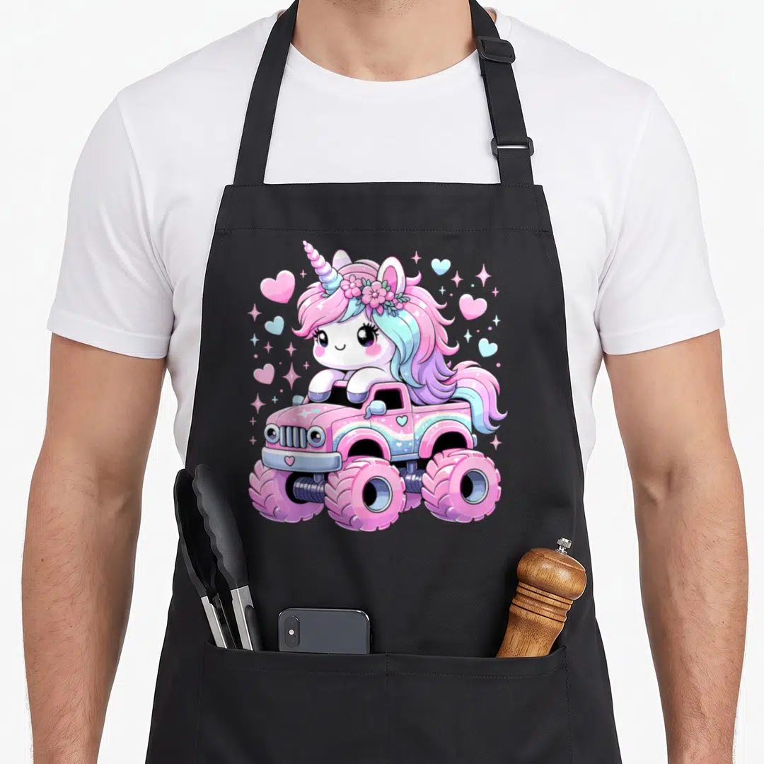 Unicorn birthday truck apron - Cartoon unicorn with flowers riding pink monster truck surrounded by hearts and stars — shown on a black cotton canvas apron against a white background