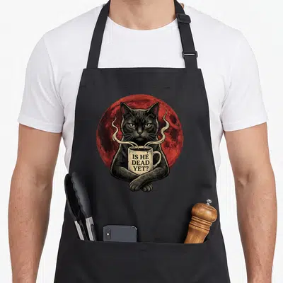 Gothic dark cat apron - Black cat holding beige mug reading IS HE DEAD YET in front of red moon — shown on a black cotton canvas apron against a white background