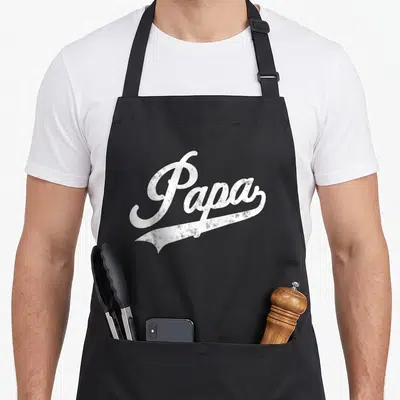 Funny grandpa papa apron - White distressed script text reading Papa with an underline swoosh on grey background — shown on a black cotton canvas apron against a white background