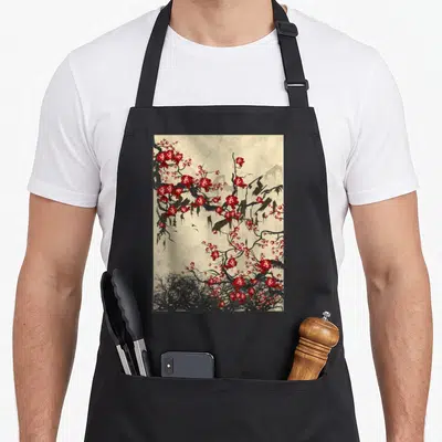 Blossom cherry print apron - Red plum blossoms on black branches with jagged rocks and grey mountains on beige — shown on a black cotton canvas apron against a white background