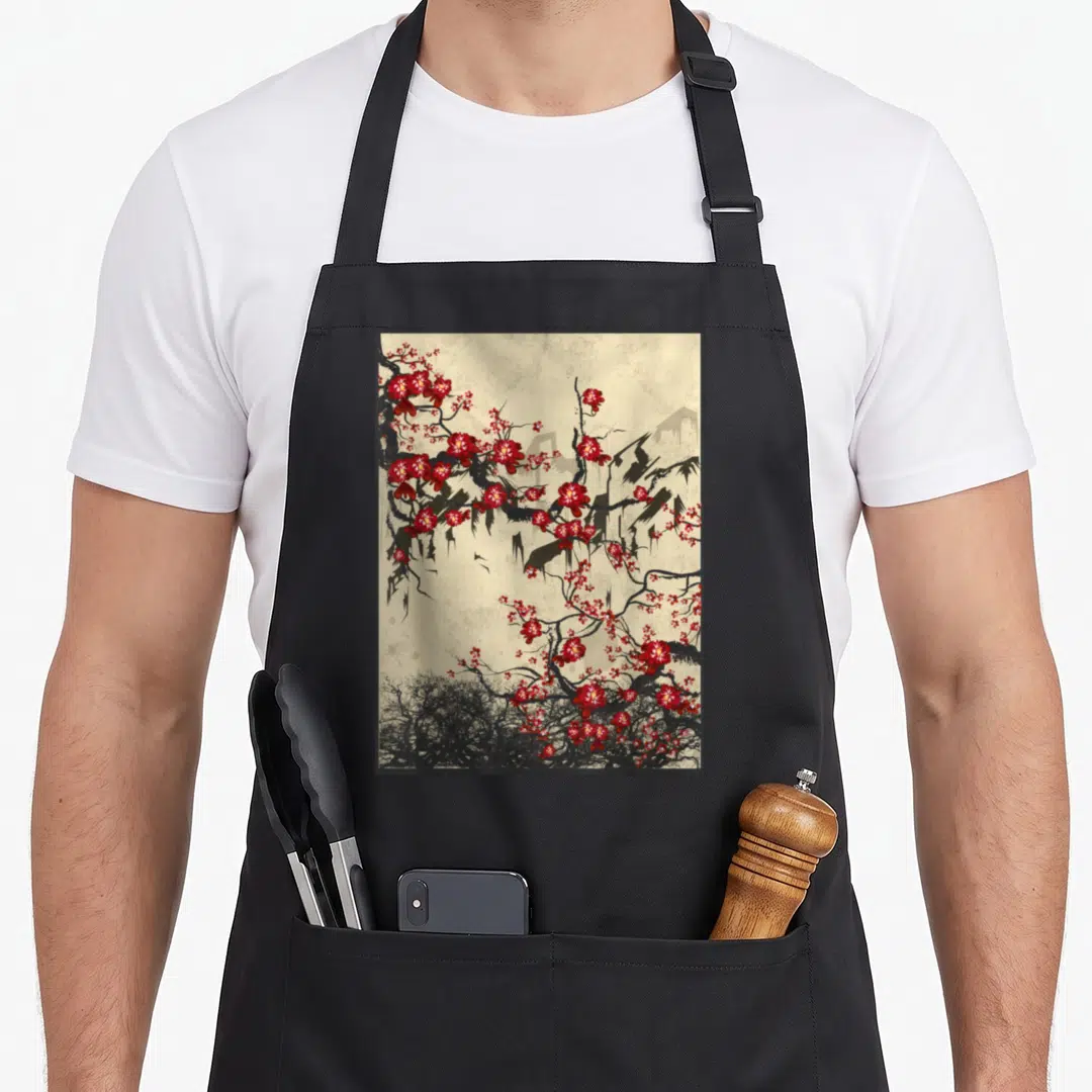 Blossom cherry print apron - Red plum blossoms on black branches with jagged rocks and grey mountains on beige — shown on a black cotton canvas apron against a white background