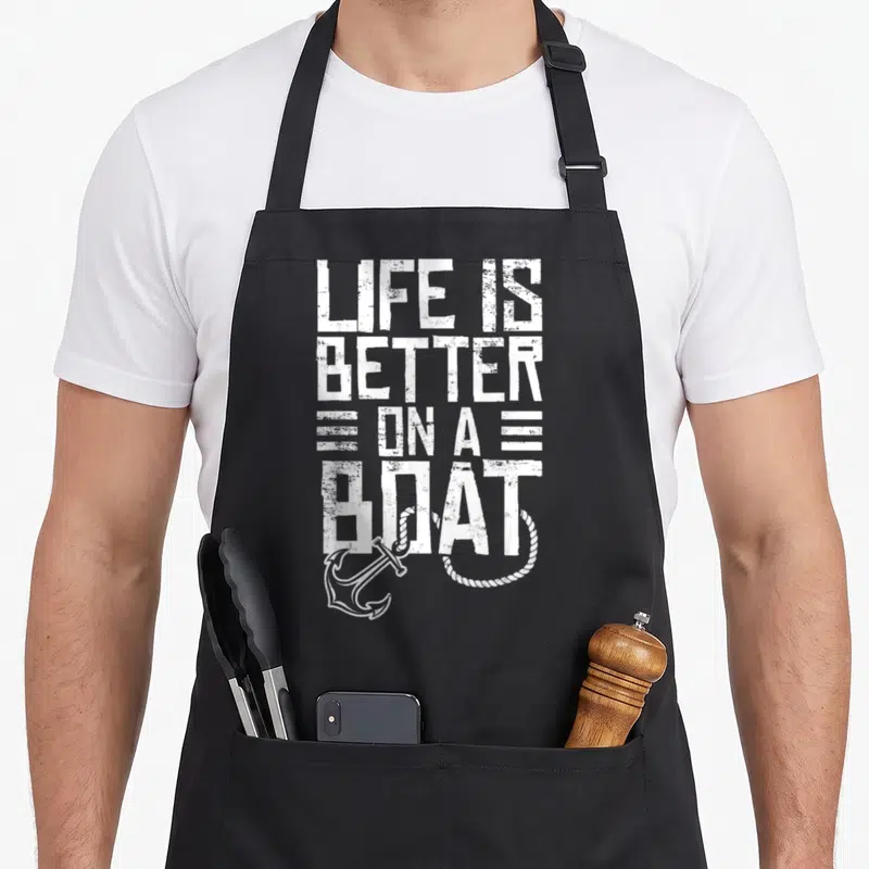 Sailing fishing aprons - White distressed text LIFE IS BETTER ON A BOAT with anchor and rope graphic — shown on a black cotton canvas apron against a white background