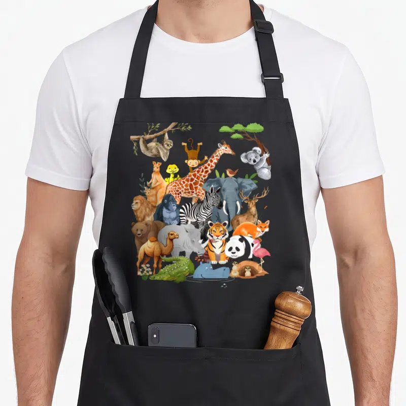 Wildlife animal apron - Cartoon cluster of 22 zoo animals including tiger, elephant, giraffe, sloth, and koala framed — shown on a black cotton canvas apron against a white background