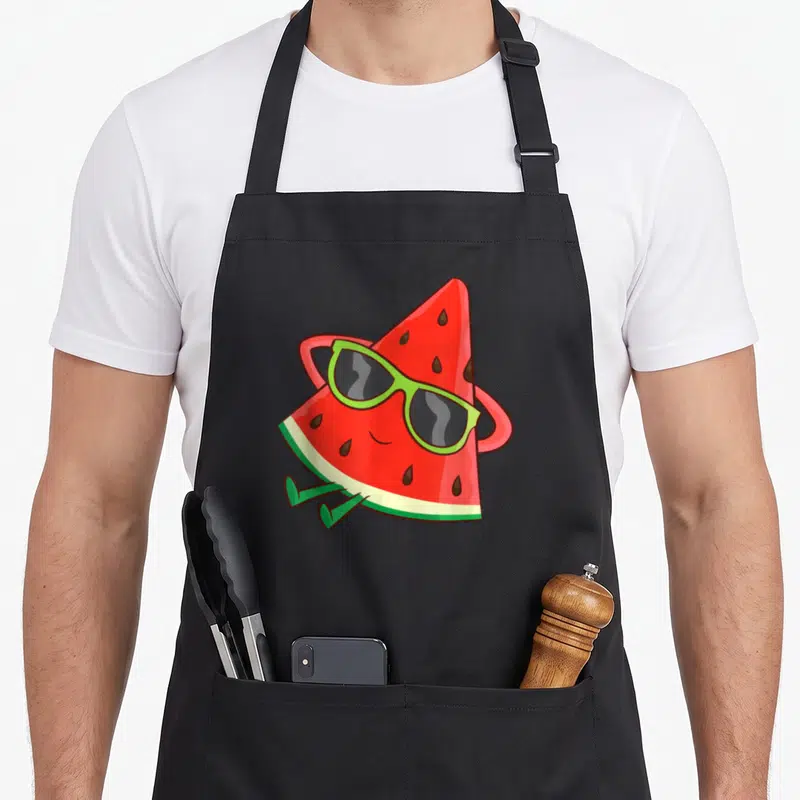 Summer watermelon apron - Cartoon watermelon slice with green sunglasses, red arms, and green legs — shown on a black cotton canvas apron against a white background