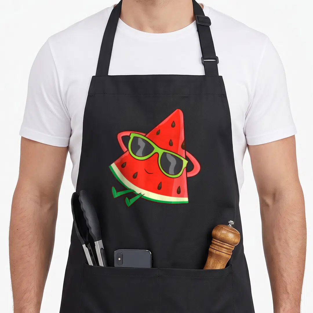 Summer watermelon apron - Cartoon watermelon slice with green sunglasses, red arms, and green legs — shown on a black cotton canvas apron against a white background