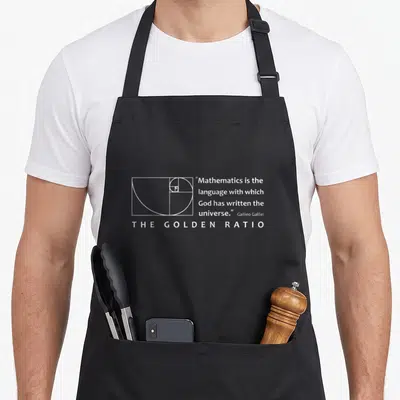 Math golden apron - White golden ratio spiral diagram next to a Galileo quote and centered title text — shown on a black cotton canvas apron against a white background