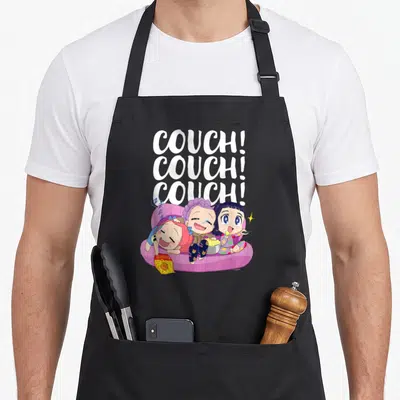 Funny couch apron - Three cartoon people on a pink couch under stacked white COUCH text holding snacks — shown on a black cotton canvas apron against a white background