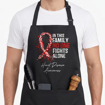 Disease family aprons - Heart disease awareness ribbon made of small hearts with stacked text IN THIS FAMILY NO ONE — shown on a black cotton canvas apron against a white background